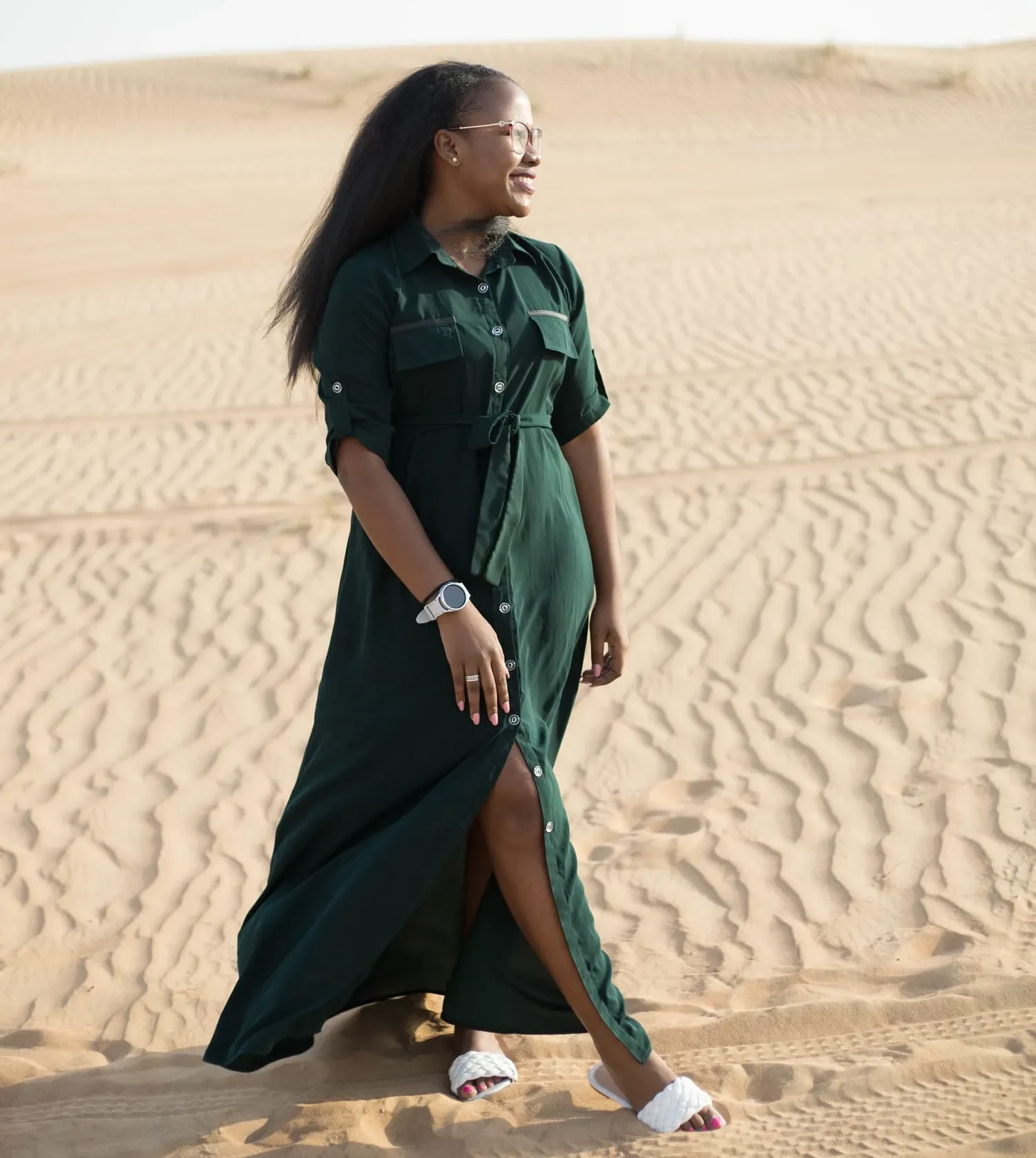 Joan Mwende in the desert in Dubai